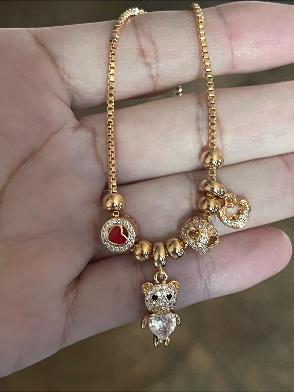 Gold-Tone Heart & Teddy Pendant Charm Bracelet